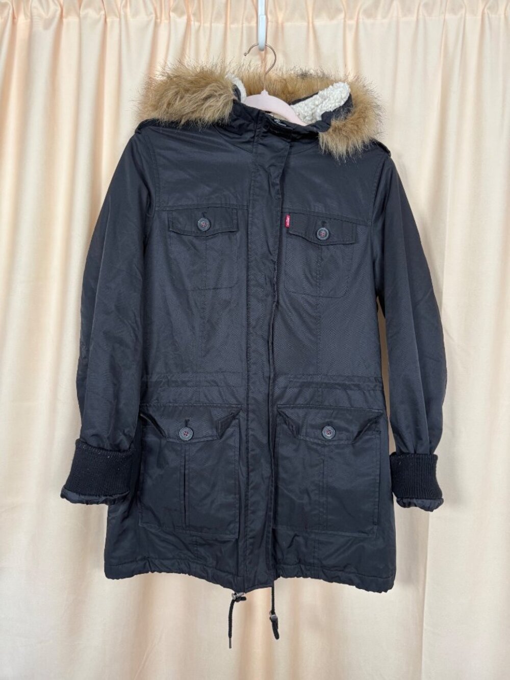 Levis Womens Black Parka Coat With Faux Fur Hood & Sherpa Lining Medium Winter